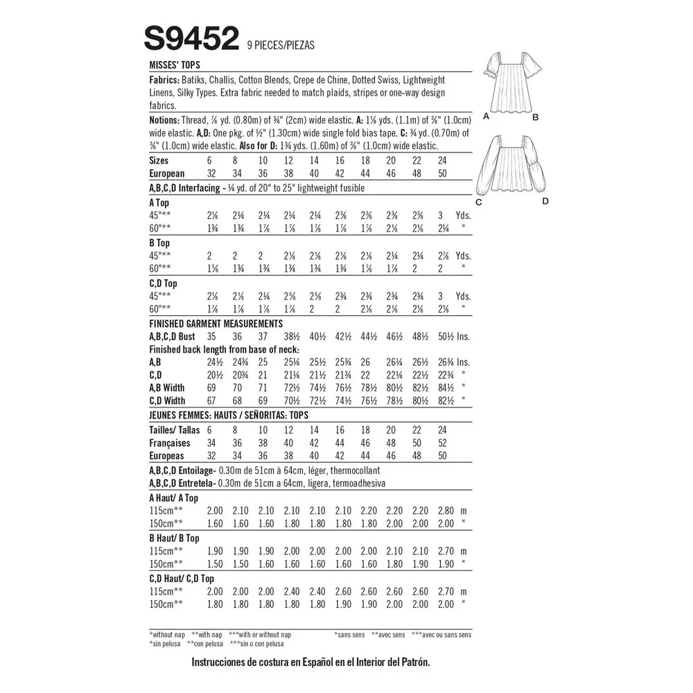 Simplicity Sewing Pattern 9452 11262 Tops Misses Size 6-14